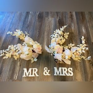 Ling’s Moment (2pc) flower arrangement and wooden Mr & Mrs blocks